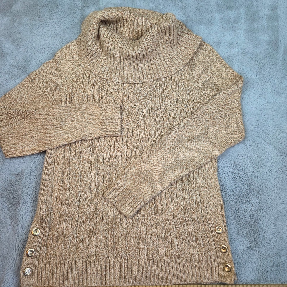 Talbots Cowl Neck Sweater Womens XS Cable Knit Side Button Marl Tan Long Sleeve